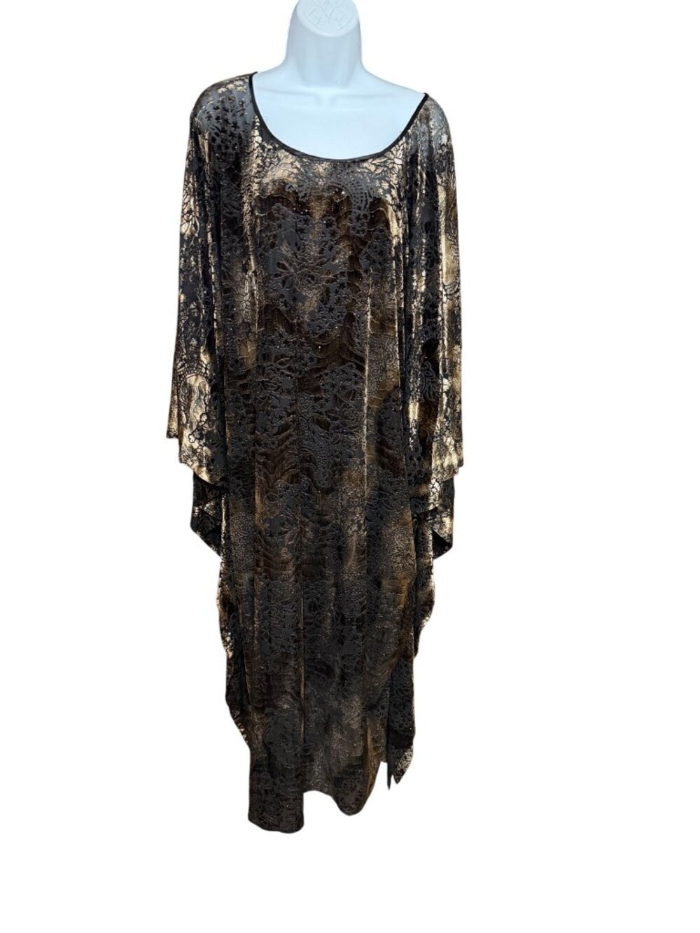 Vintage Black & Gold Floral Lace Kaftan Dress With Sheer Overlay One Size Evenin